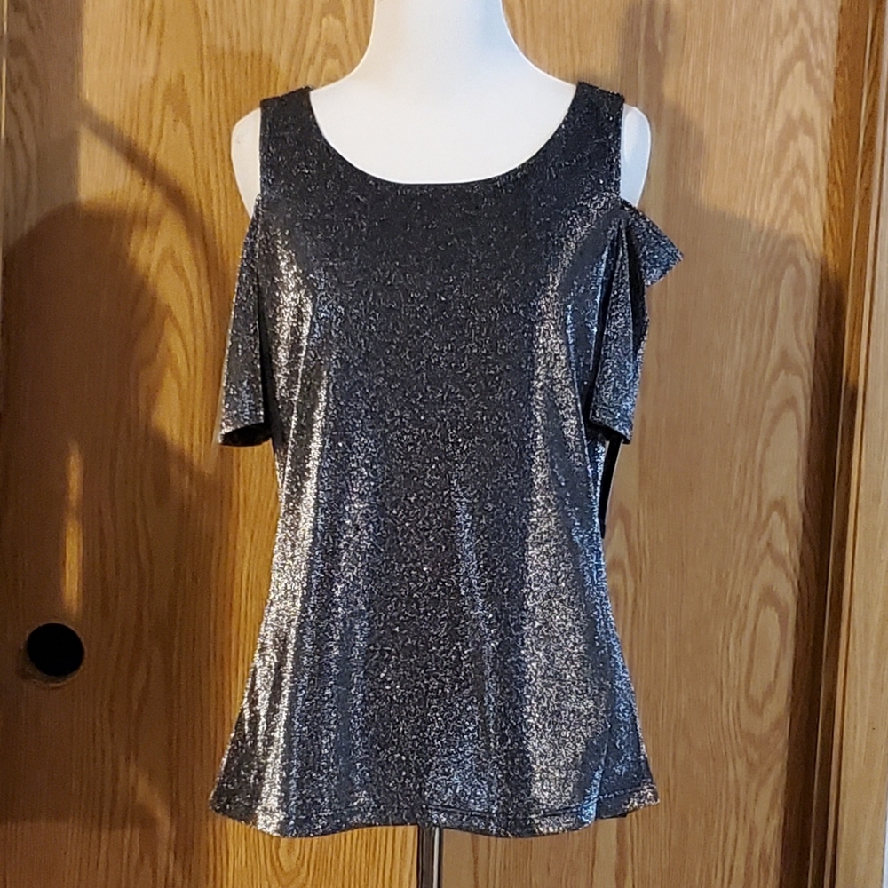 Nine West shiny metallic cold Shoulder blouse size S